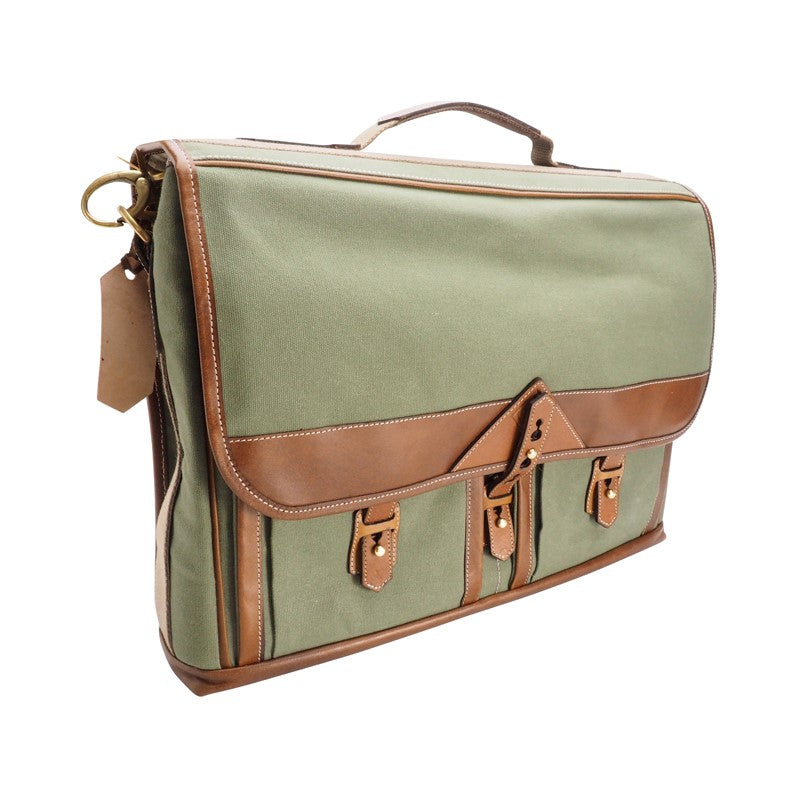 Sac messager Fogg Baby Grand 15" en tissu vert et cuir havane