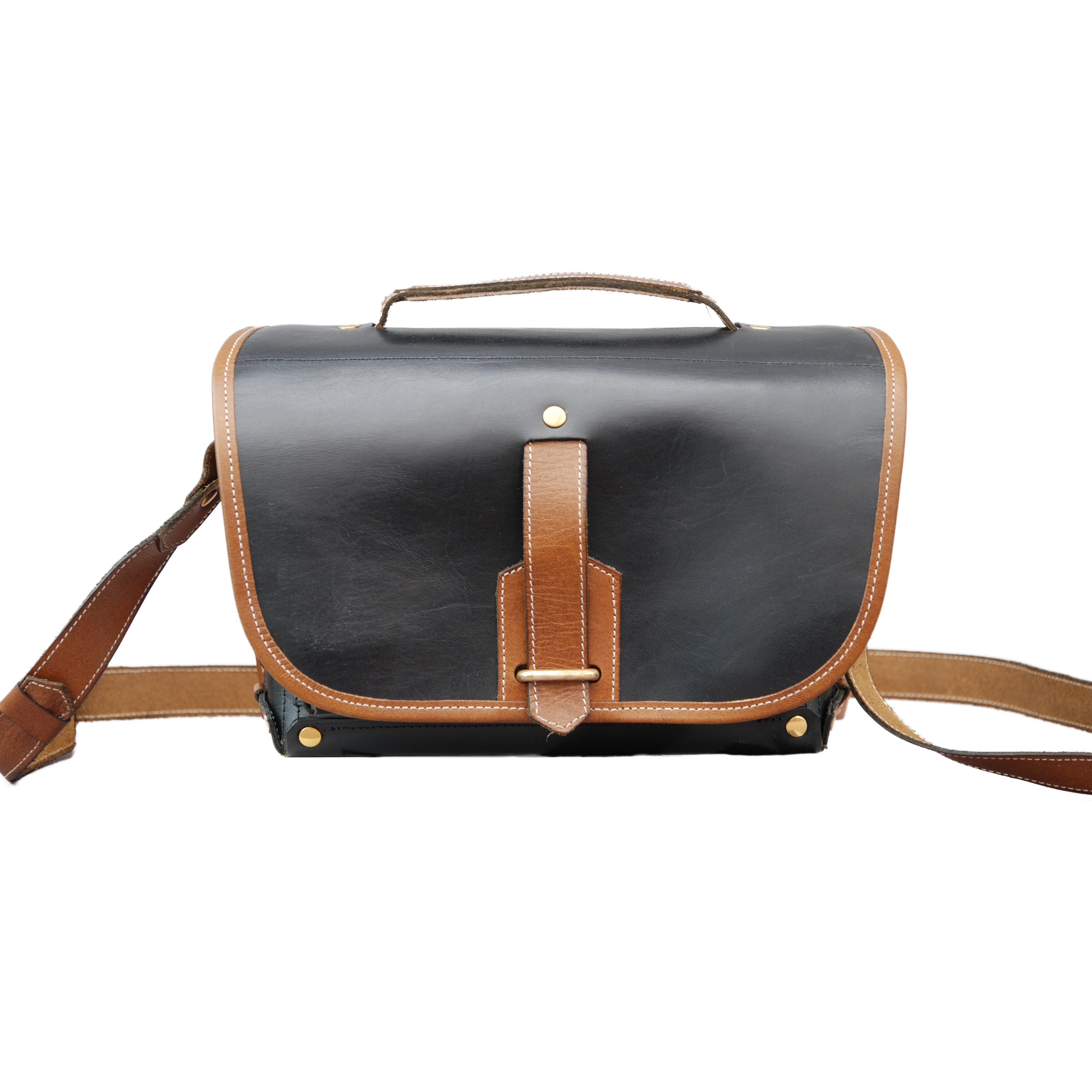 Sacoche Fogg Satchmo Cuir noir avec bordure en cuir Havane