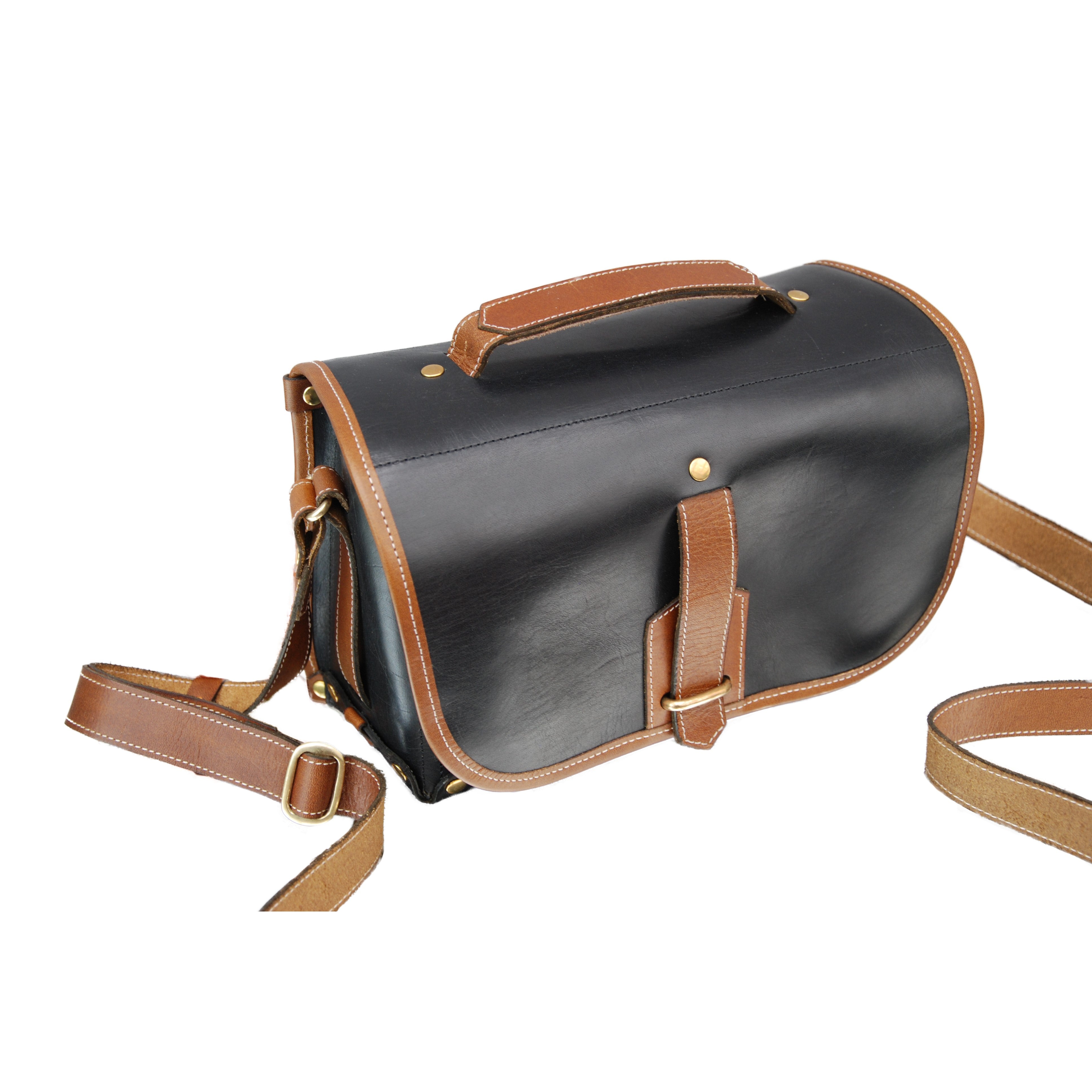 Sacoche Fogg Satchmo Cuir noir avec bordure en cuir Havane