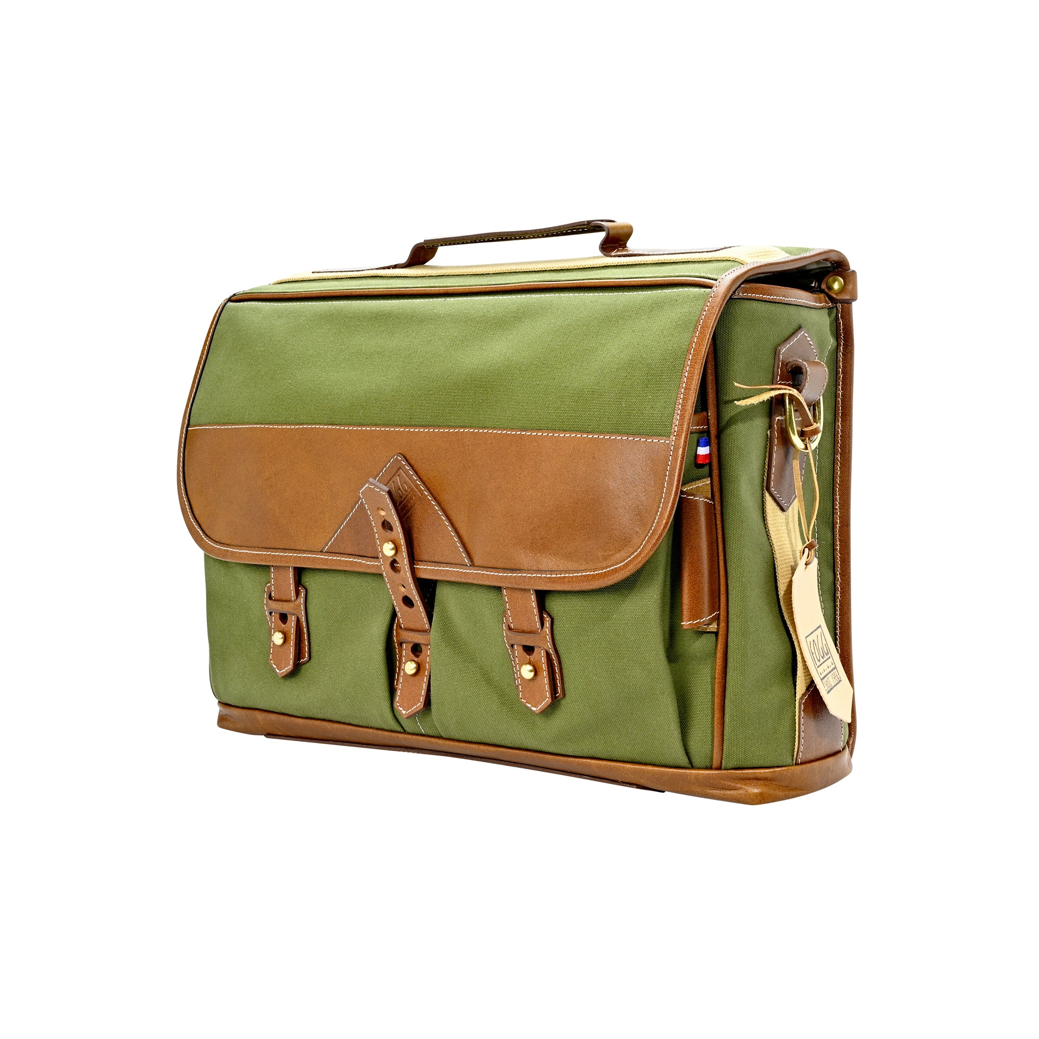 Fogg Baby Grand 13" Messenger Bag Green Fabric with Havana Leather