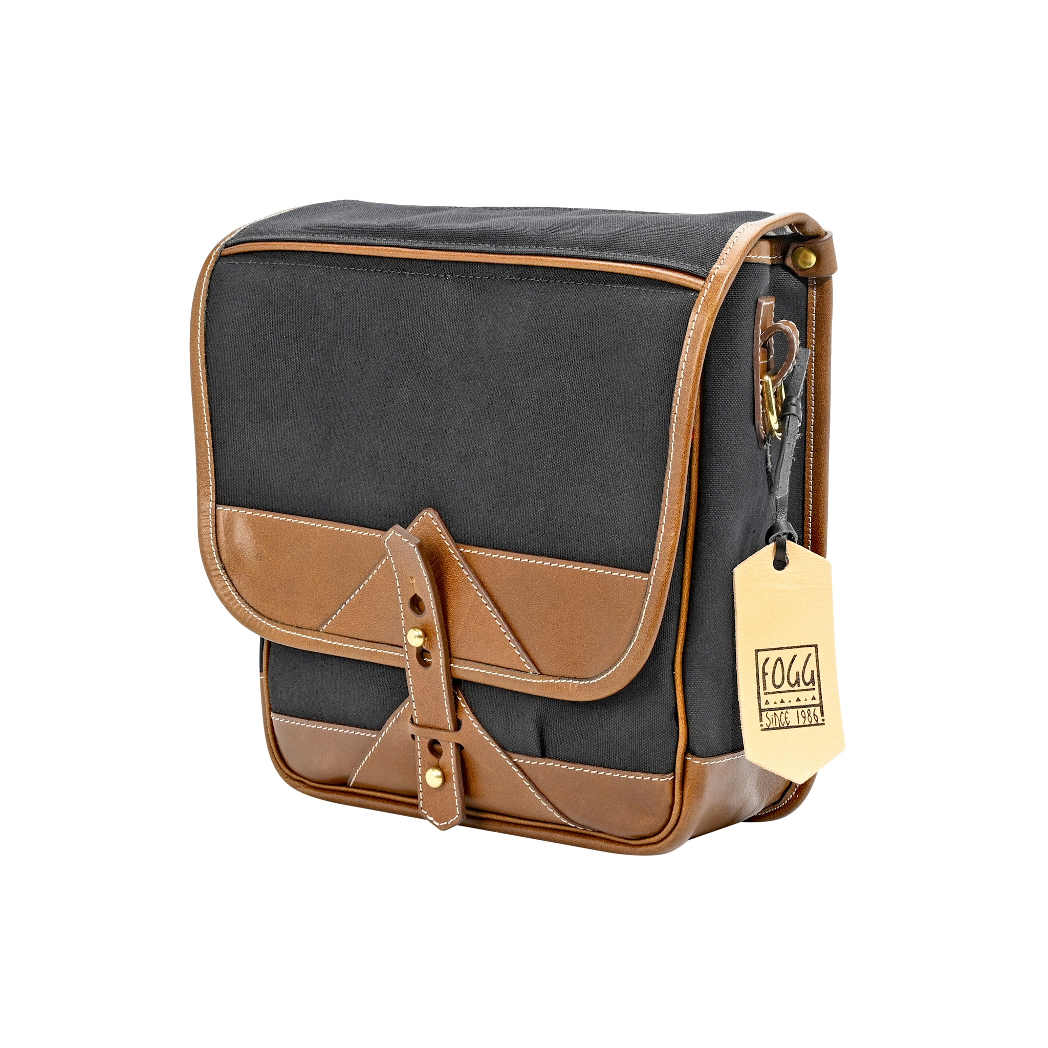 Sacoche Fogg Can-Can en tissu noir et cuir havane