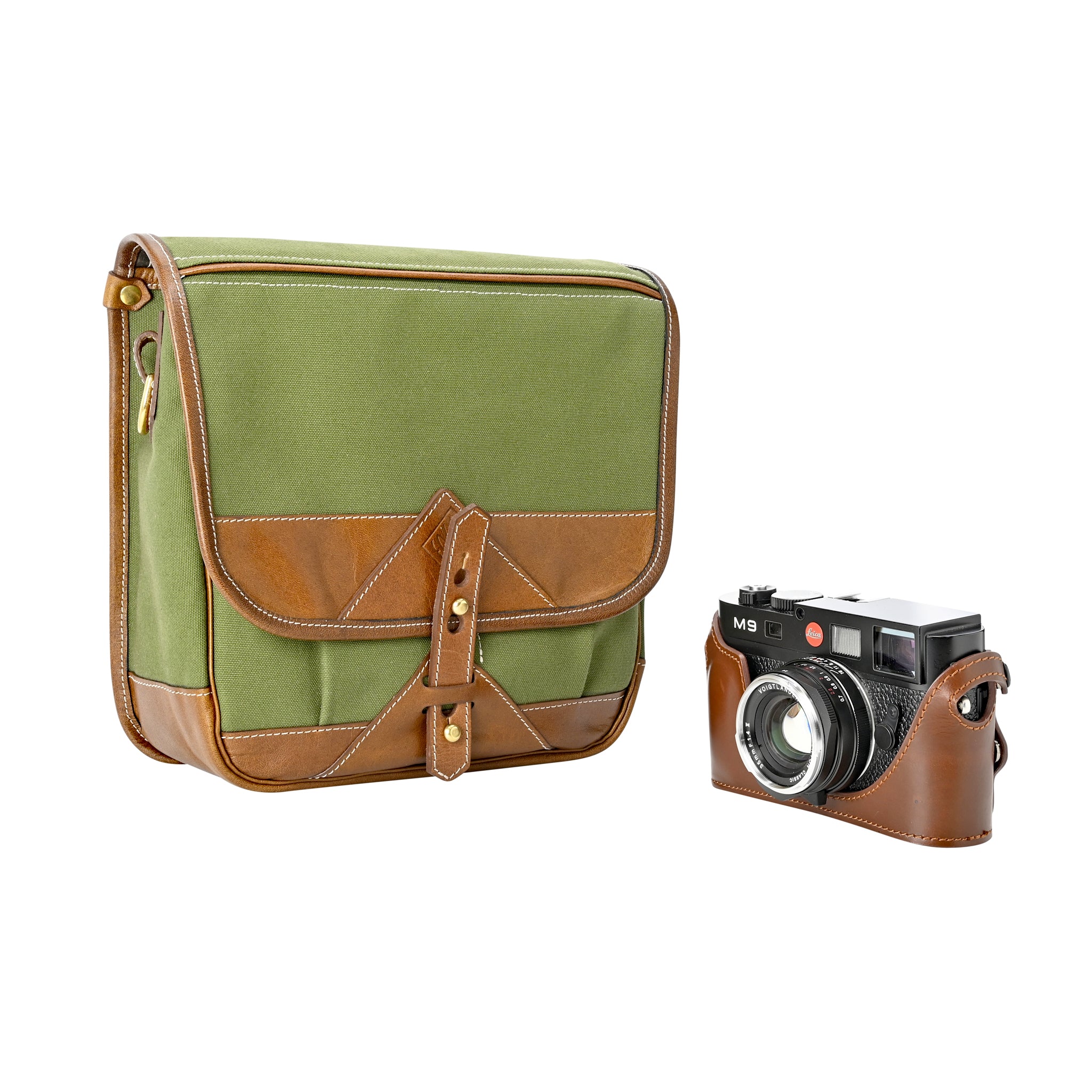 Sacoche Fogg Can-Can en tissu vert et cuir havane