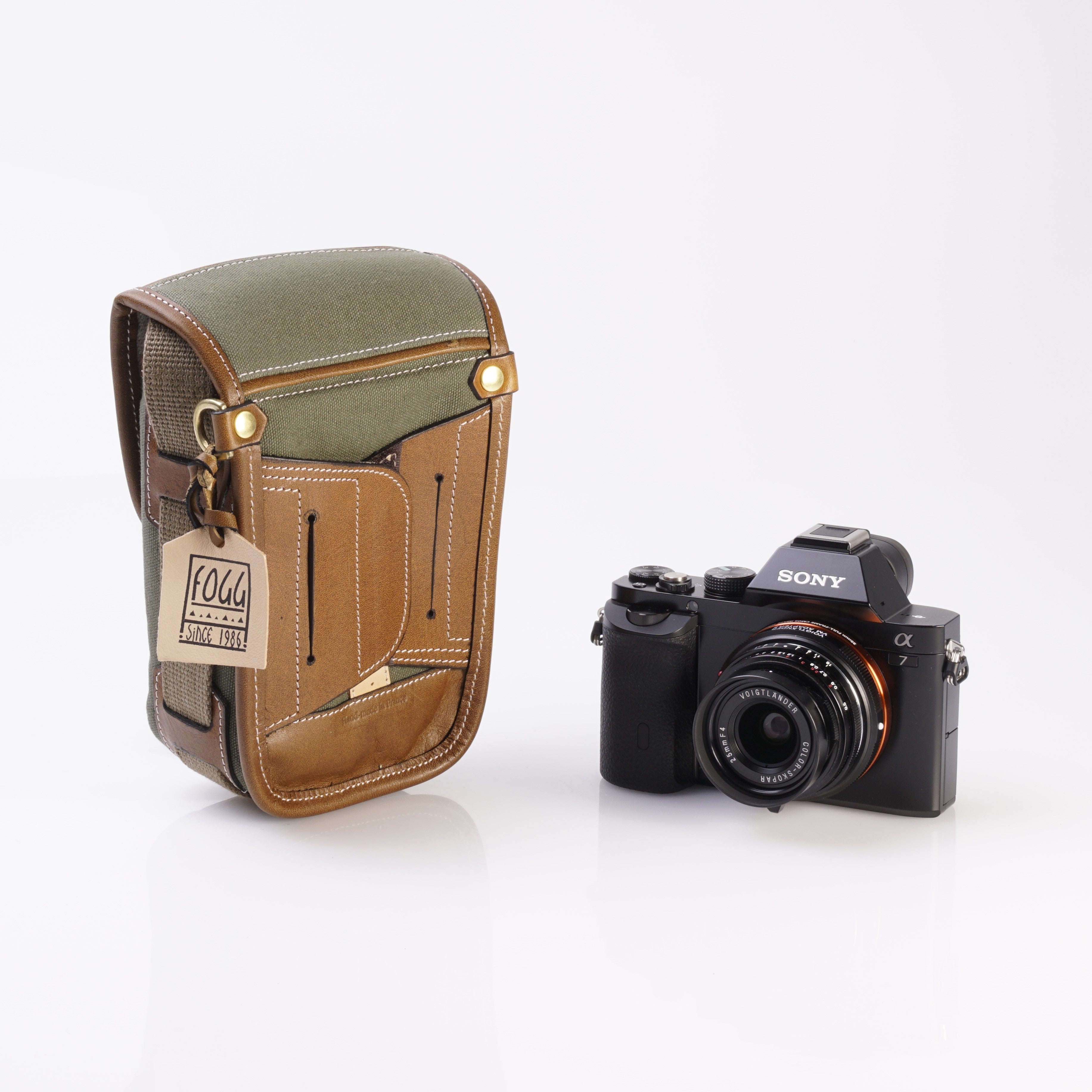 Pochette Fogg Piccolo Tissu Vert et Cuir Havane