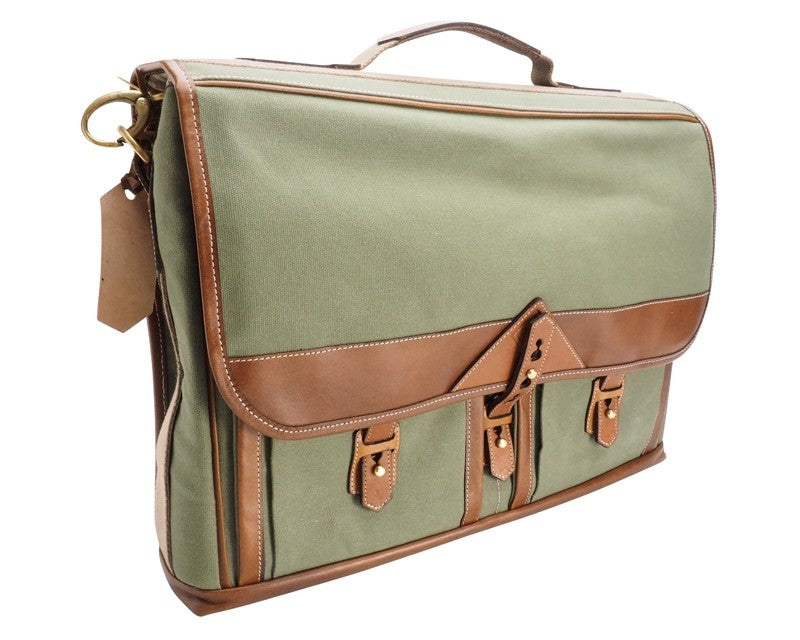 Fogg Baby Grand 15" Messenger Bag Green Fabric with Havana Leather