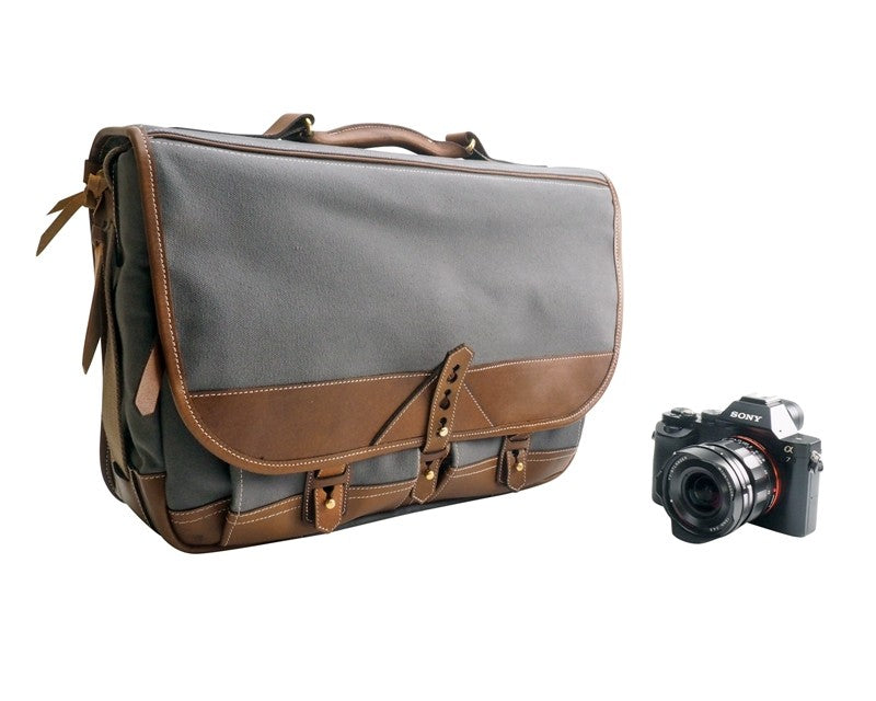 Sacoche Fogg E-Flat en tissu gris et cuir havane