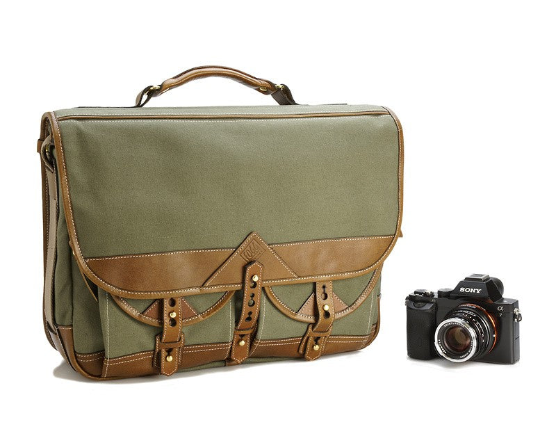 Sacoche Fogg E-Flat Tissu vert et cuir Havane