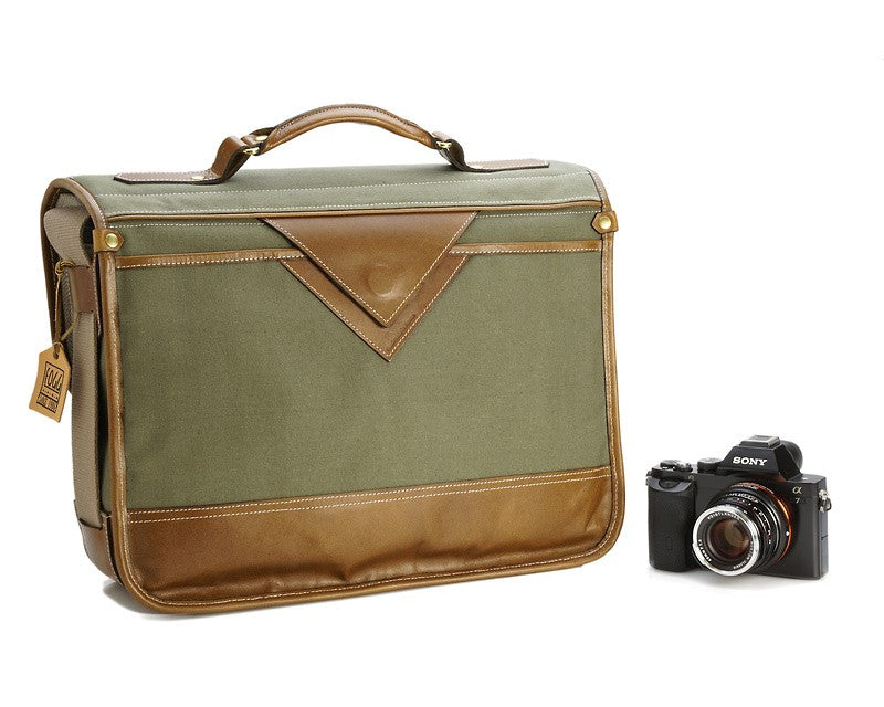 Sacoche Fogg E-Flat Tissu vert et cuir Havane