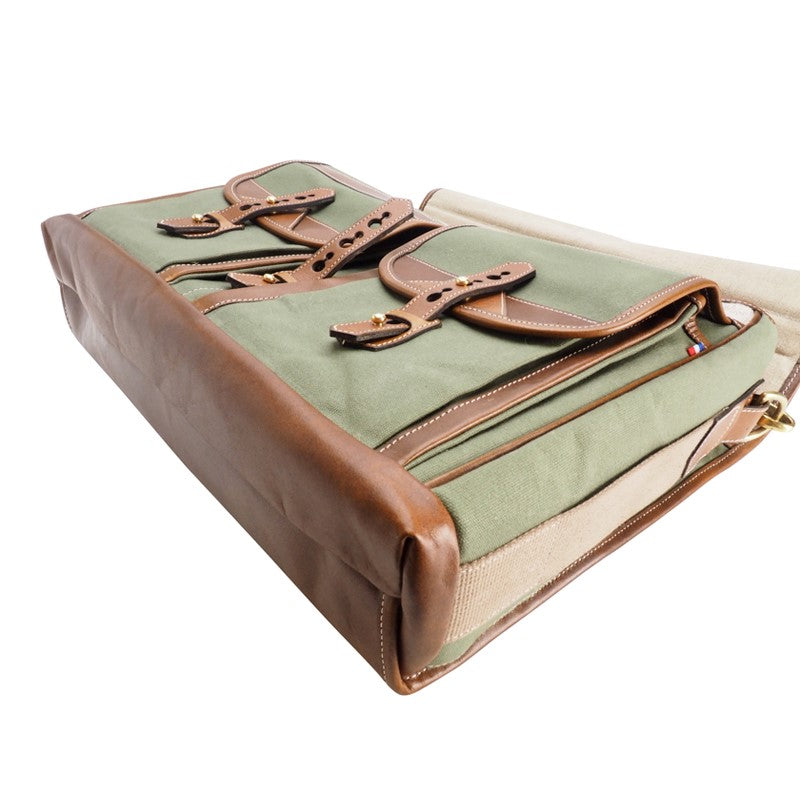 Fogg Baby Grand 15" Messenger Bag Green Fabric with Havana Leather
