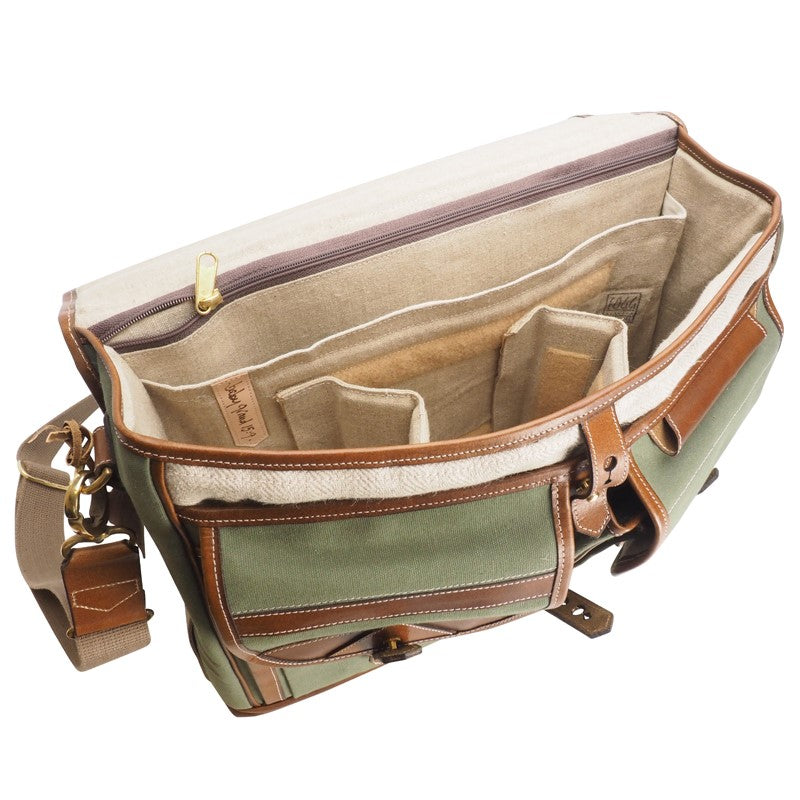 Fogg Baby Grand 15" Messenger Bag Green Fabric with Havana Leather