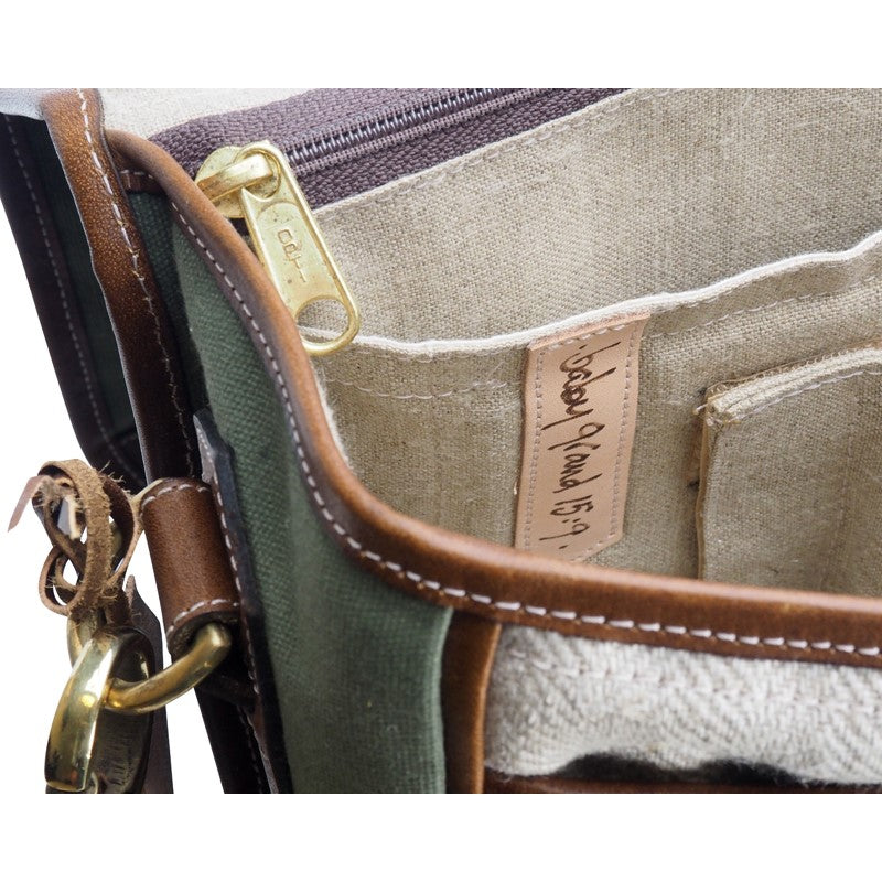 Fogg Baby Grand 15" Messenger Bag Green Fabric with Havana Leather