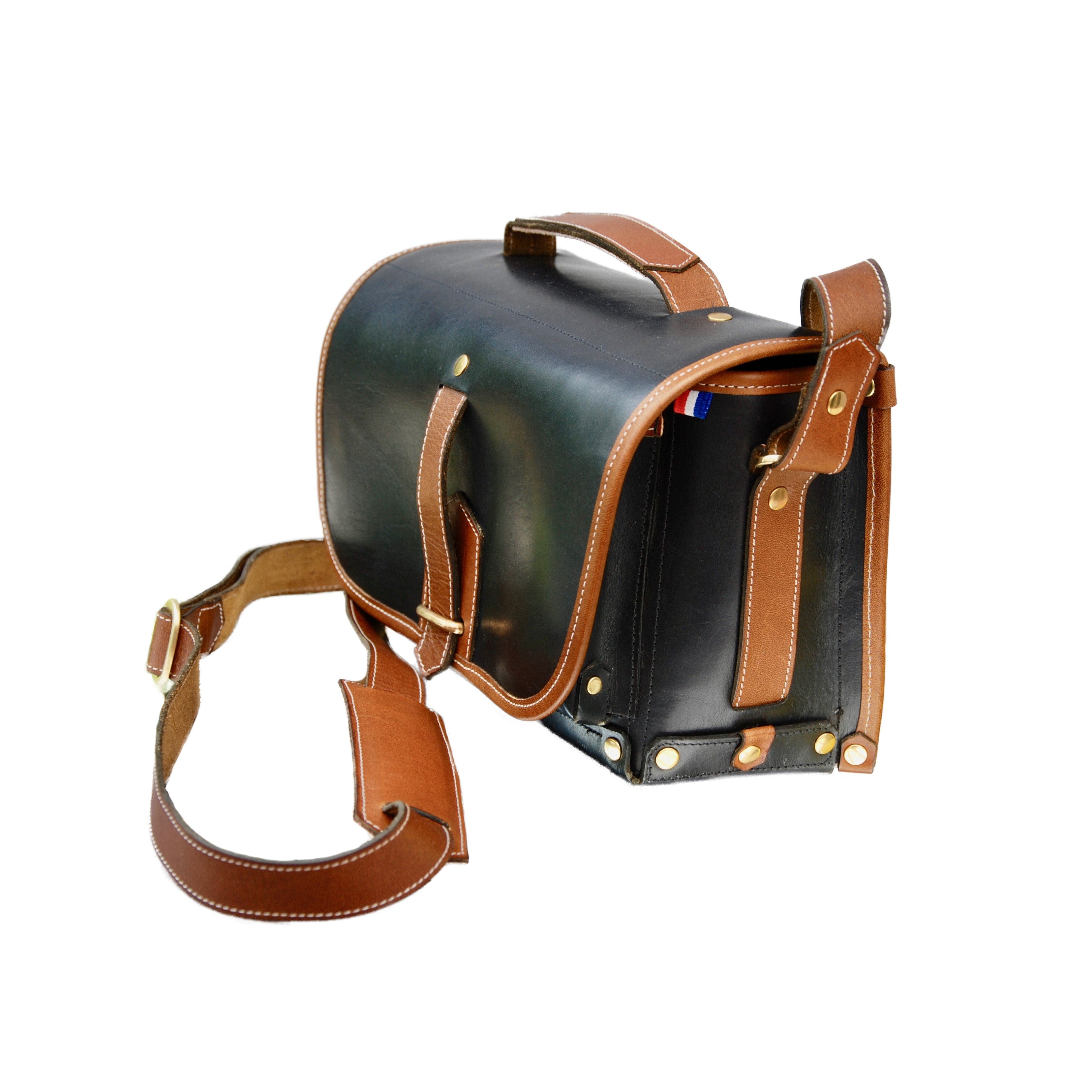 Bolso satchel Fogg Satchmo de cuero negro con ribete de cuero Havana