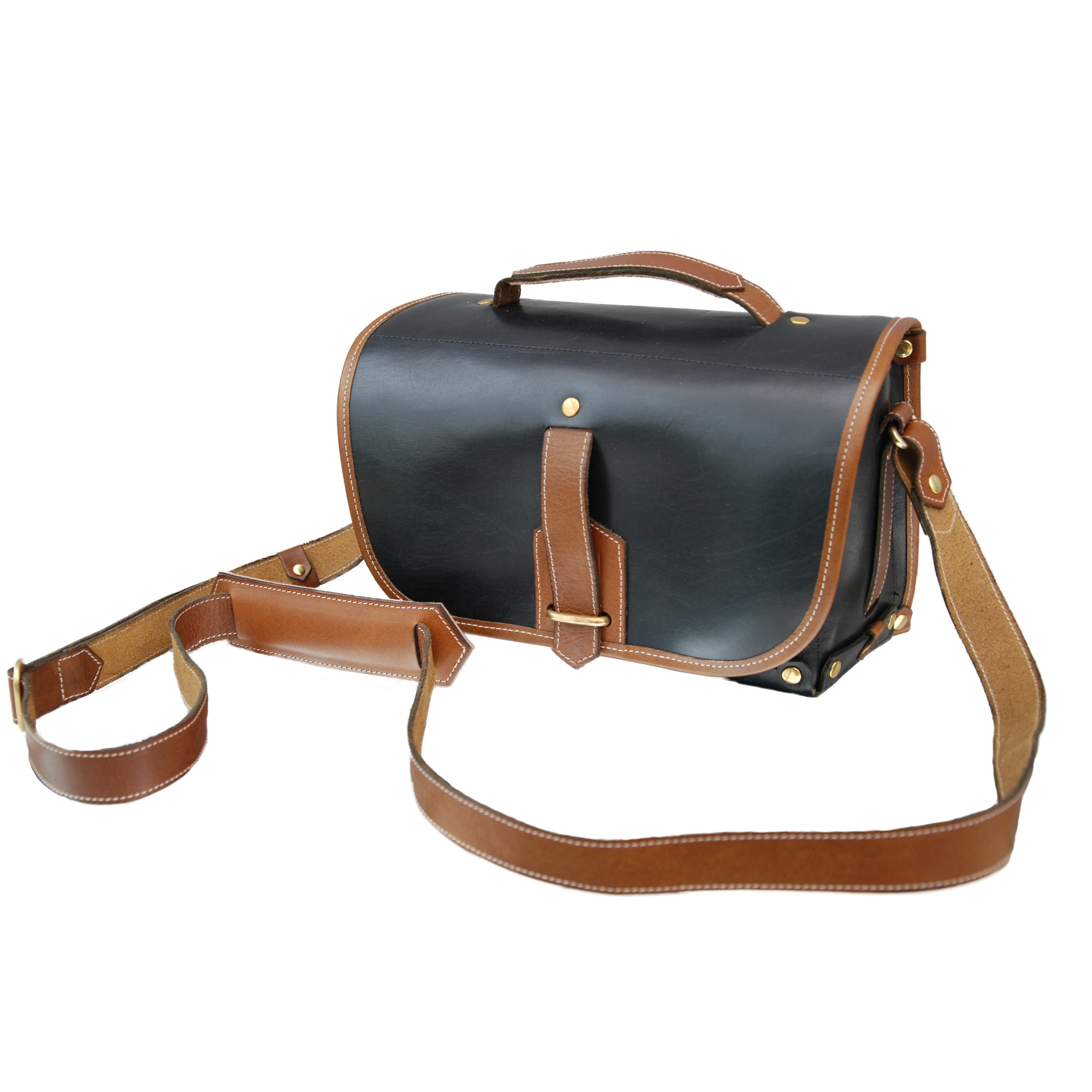 Bolso satchel Fogg Satchmo de cuero negro con ribete de cuero Havana