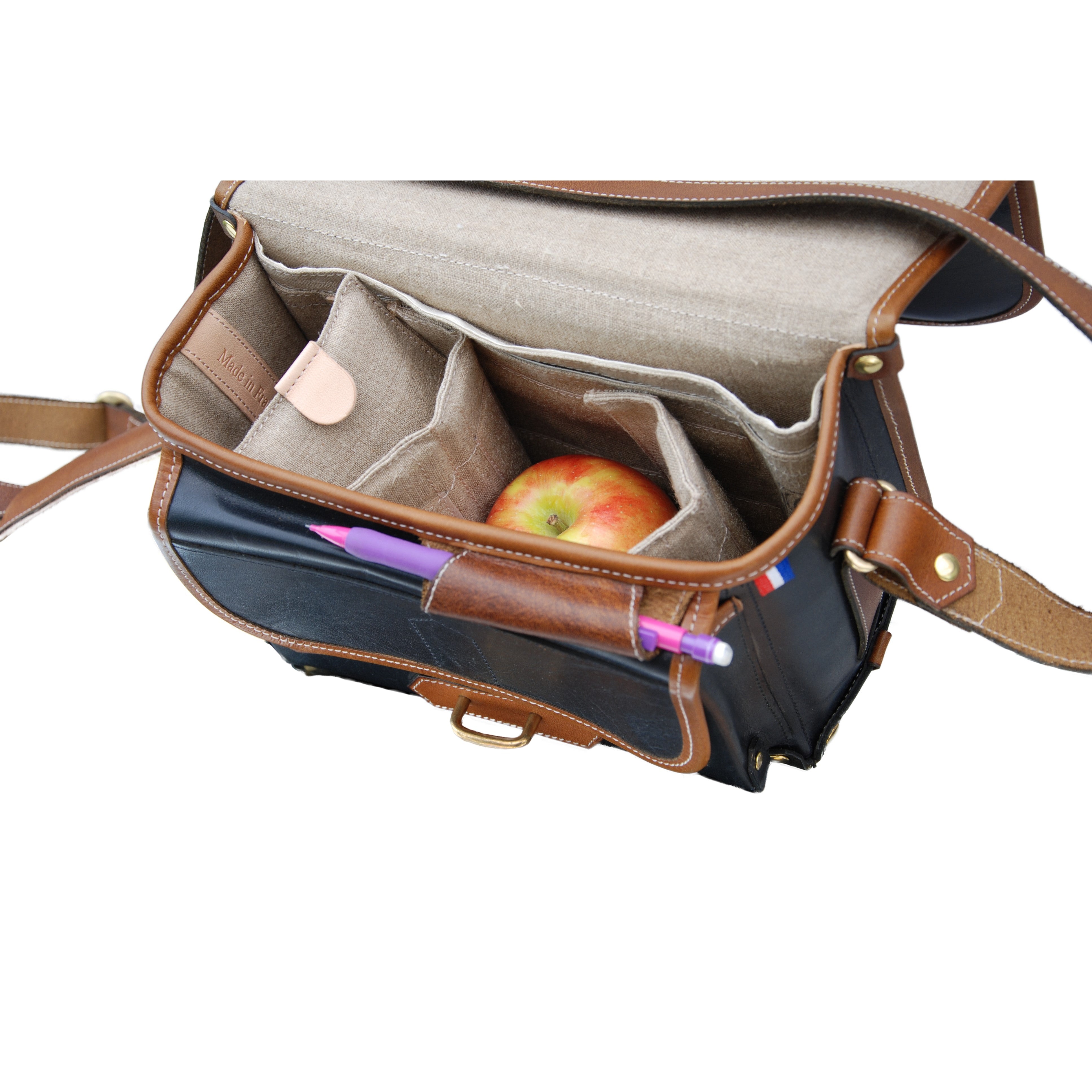 Bolso satchel Fogg Satchmo de cuero negro con ribete de cuero Havana