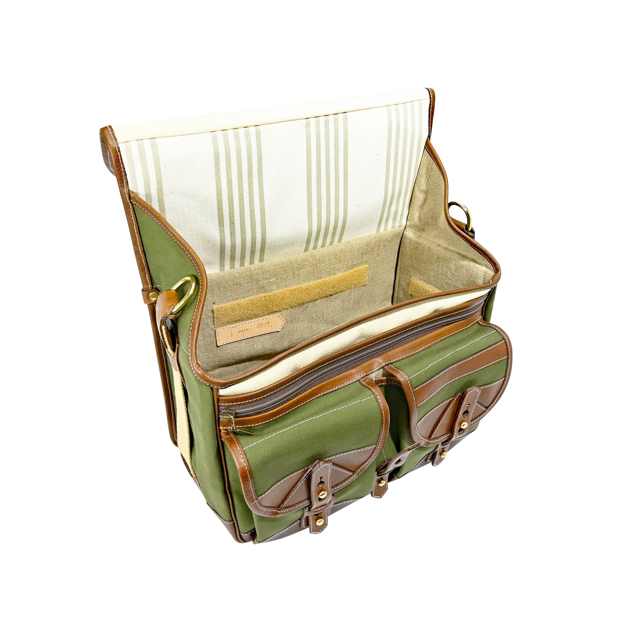Sacoche Fogg B-Major en tissu vert lierre et cuir havane