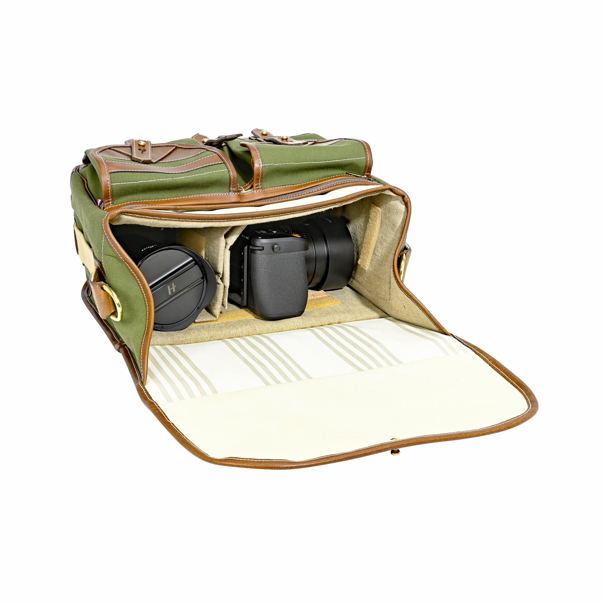 Sacoche Fogg B-Major en tissu vert lierre et cuir havane