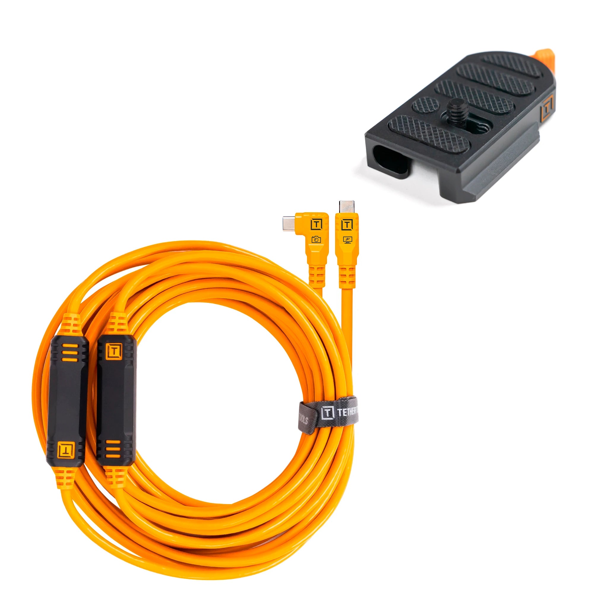 Tether Tools TetherGuard LeverLock & Cable Kit, USB-C to USB-C, 31′ (9.4m), Straight to Right, High-Visibility Orange