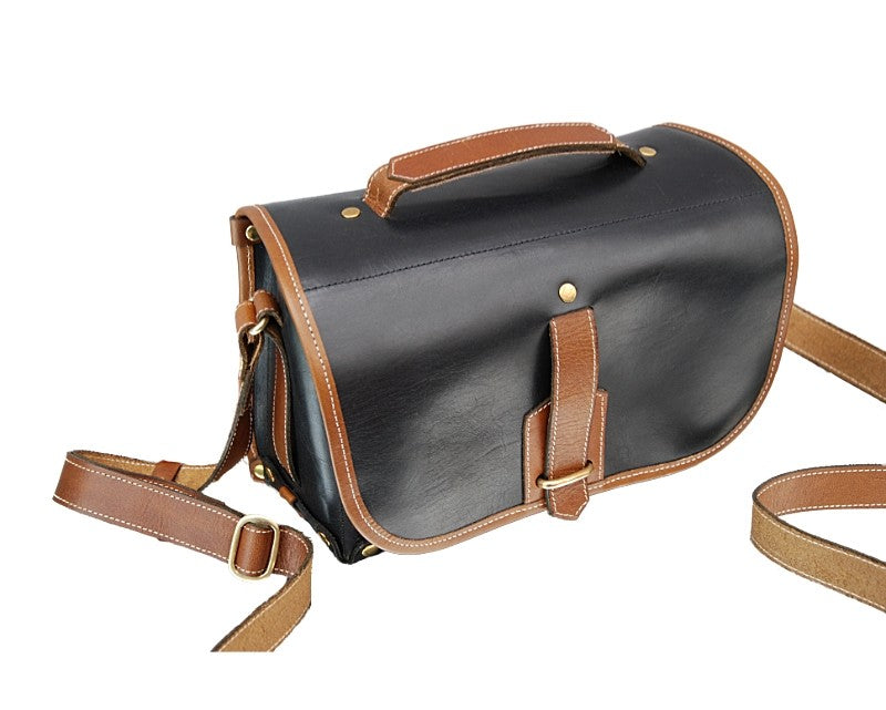 Bolso satchel Fogg Satchmo de cuero negro con ribete de cuero Havana