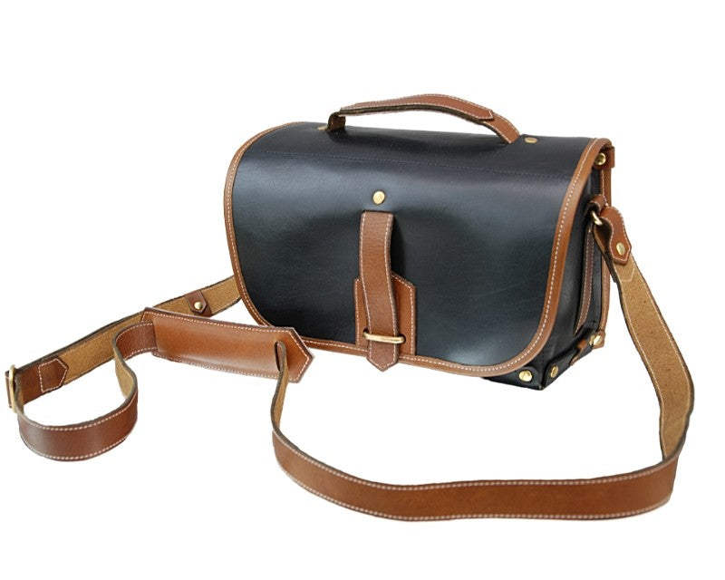 Bolso satchel Fogg Satchmo de cuero negro con ribete de cuero Havana